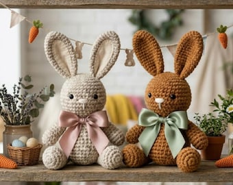 かぎ針編みのイースターバニーぬいぐるみ - リボン付き手作り編みぐるみウサギ - イースターギフトアイデア - お子様へのギフト - イースターデコレーション