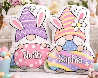 パーソナライズされたイースターバニーノーム枕、カスタム名入りキッズイースタークッション、春の保育園の装飾、男の子と女の子へのイースターギフト