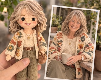 写真から作るカスタムかぎ針編みポートレート人形、パーソナライズされた母の日ギフト、手作りのかぎ針編み人形、彼女へのユニークなギフト