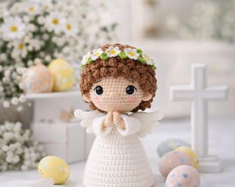 かぎ針編みの天使人形、手作りの編みぐるみ守護天使、祈りの天使のぬいぐるみ、洗礼の贈り物、初聖体の贈り物、記念品