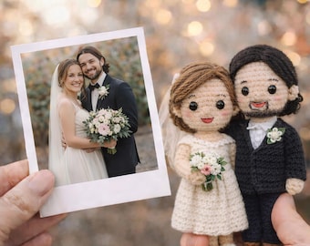 写真から作るカスタムウェディングかぎ針編み人形、パーソナライズされた花嫁と花婿の人形、手作り編みぐるみ、ユニークな結婚祝い、記念日の記念品