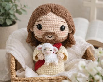 かぎ針編みのイエス人形と子羊 – 手作りのキリスト教ギフト、編みぐるみのイエス人形、宗教的な室内装飾、洗礼ギフト