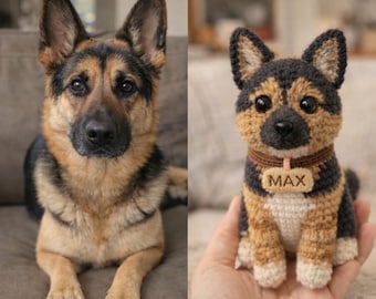 写真から作るジャーマンシェパードかぎ針編み人形、名前タグ付きパーソナライズ犬ぬいぐるみ、手作りあみぐるみペットメモリアルギフト
