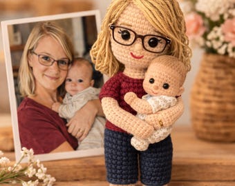 新米ママへの初めての母の日ギフト、写真から作るママと赤ちゃんのカスタムかぎ針編み人形、パーソナライズされたそっくりあみぐるみ人形、新米ママへのギフト