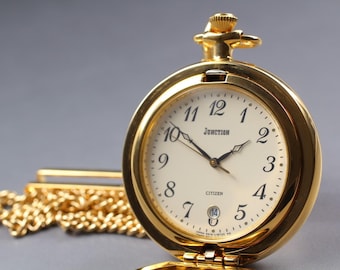 Vintage mint new battery citizen 5510-l09286 gold pocket watch day date japan