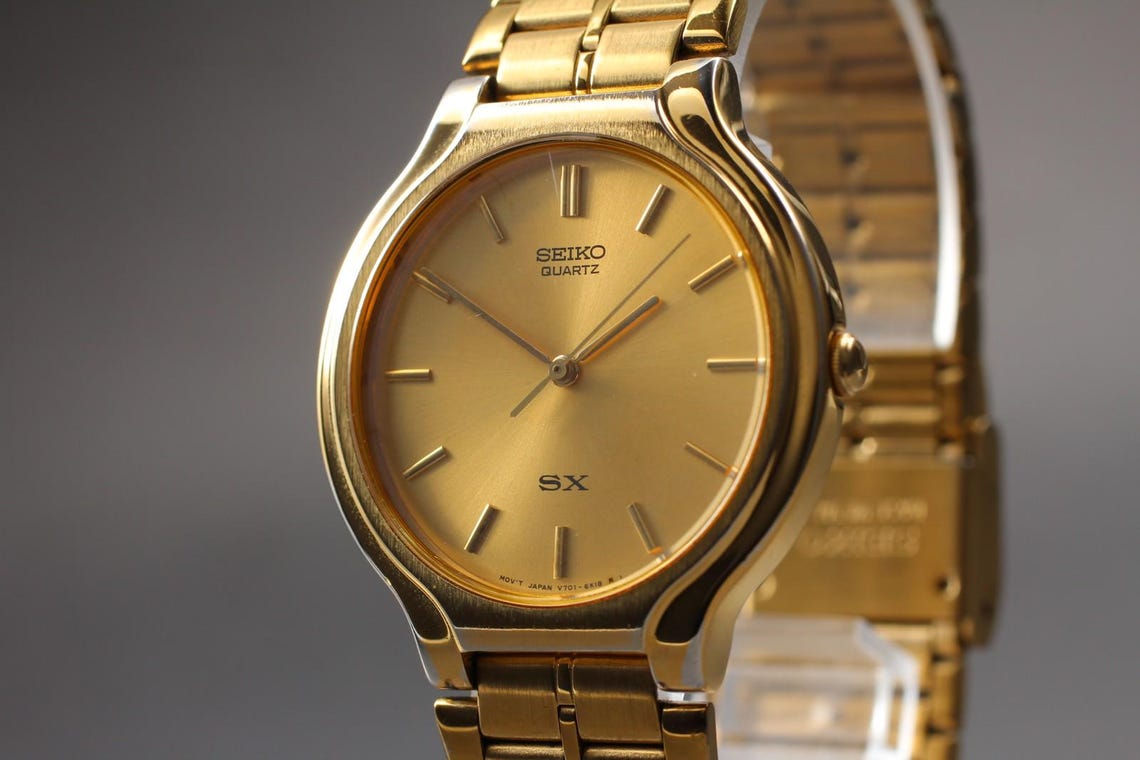 Seiko sx v701-6k00 gold qz watch men vintage 1992 exc+5 new batt from japan/ retro wristwatch classic style timepiece gift, photo 3 sur 5
