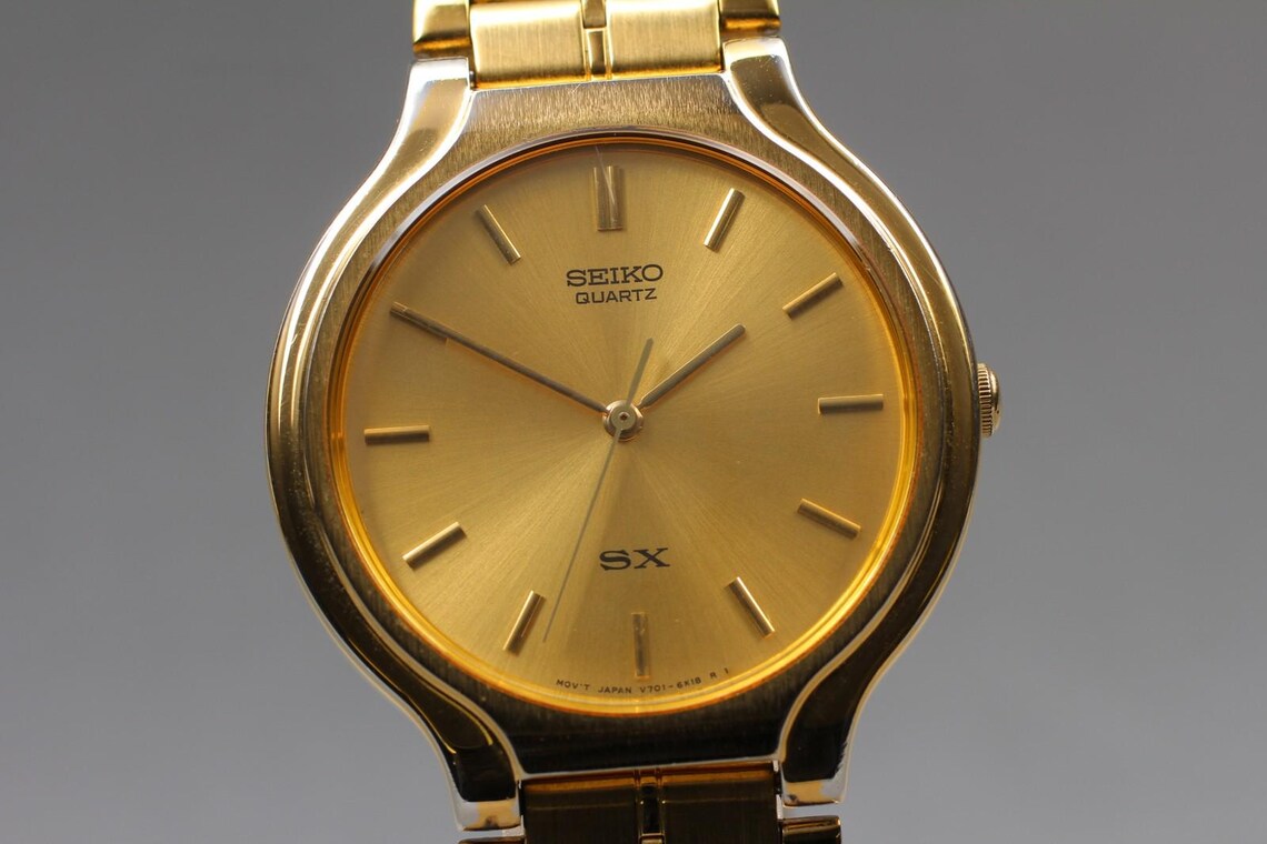 Seiko sx v701-6k00 gold qz watch men vintage 1992 exc+5 new batt from japan/ retro wristwatch classic style timepiece gift, photo 2 sur 5
