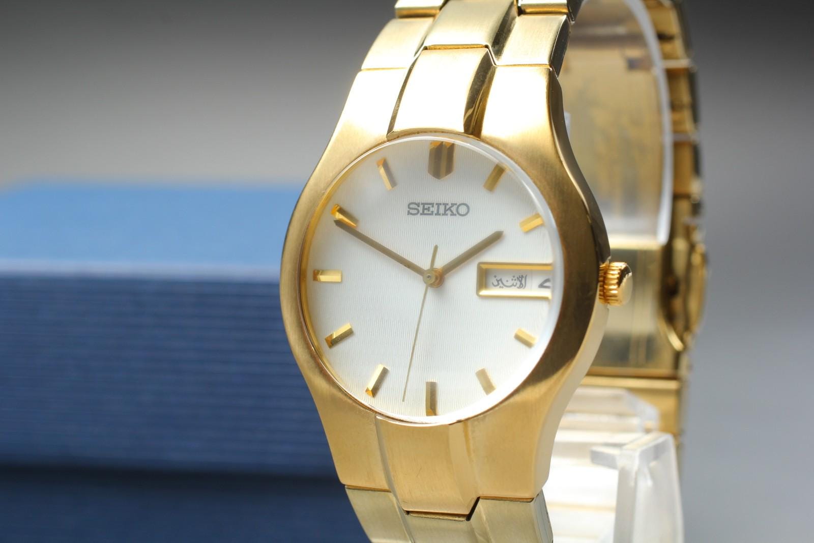 Seiko Gold 34mm White Mens Watch New Battery 7n43-0aa0 Vintage