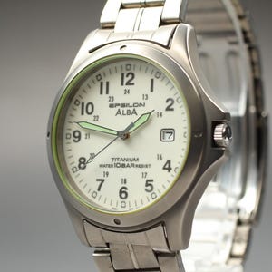 Vintage [near mint] new batt seiko alba v732-0r80 36mm titanium mens watch japan/ retro wristwatch classic style timepiece gift