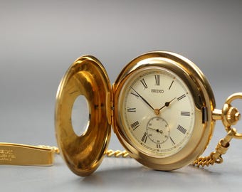 Seiko pocket watch 7n07-0020 gold half hunter 44mm qz vtg 1992 n mint from japan