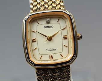 Vintage 1980 [n mint] seiko exceline 7321-6600 gold diamond ladies watch japan/ retro wristwatch classic style timepiece gift