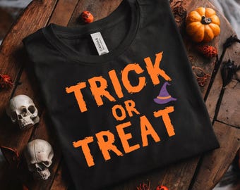 Trick or Treat-shirt • Grappig T-shirt met Halloween-afbeelding • Schattig spooky seizoensshirt • Retro heksenhoed Halloween-T-shirt