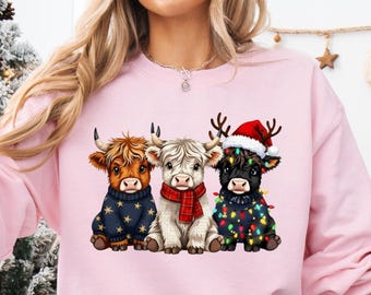Christmas Cow Sweatshirt, Highland Cow tShirt, Women Cow Christmas Long sleeve, Cow Lover Gift, Farm Christmas Hoodie Gift, Christmas Shirt