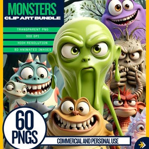 Monster Clipart Bundle | 60 Monster + 5 Hintergründe | Monster PNG | 300 DPI