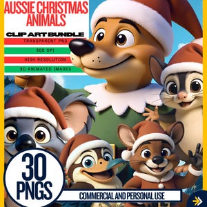Australijskie zwierzęta świąteczne ClipArt: Australijskie zwierzęta w formacie PNG (natychmiastowe pobranie cyfrowe)