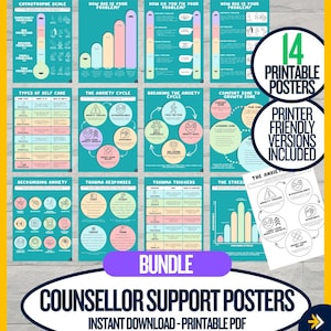 Könnte beinhalten: Ein Bundle von 14 druckbaren Postern zur Unterstützung von Beratern mit türkisfarbenen und pastellfarbenen Farbschemata. Die Poster behandeln Themen wie Angst, Trauma und Selbstfürsorge. Der Text enthält "Catastrophe Scale", "Anxiety Cycle" und "Instant Download - Printable PDF".