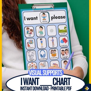 Könnte beinhalten: Ein grünes Klemmbrett mit einer visuellen Unterstützungstafel mit den Worten "I want please" und verschiedenen illustrierten Anfragen wie "some food", "help" und "to watch TV". Die Tafel enthält den Text "VISUAL SUPPORTS I WANT CHART INSTANT DOWNLOAD - PRINTABLE PDF."
