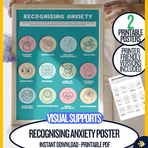 Peut inclure: A poster intitulé "Reconnaître l'anxiété" avec des illustrations des symptômes de l'anxiété. Le poster comprend du texte décrivant les signes d'anxiété et propose des supports visuels. Comprend deux affiches imprimables et des versions adaptées à l'impression.