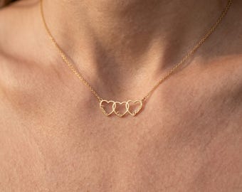 Personalized Three Name Interlocking Heart Necklace, 925 Sterling Silver or 14K Solid Gold