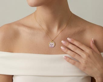 White Cat Disc Necklace, Sterling Silver or 14K Solid Gold
