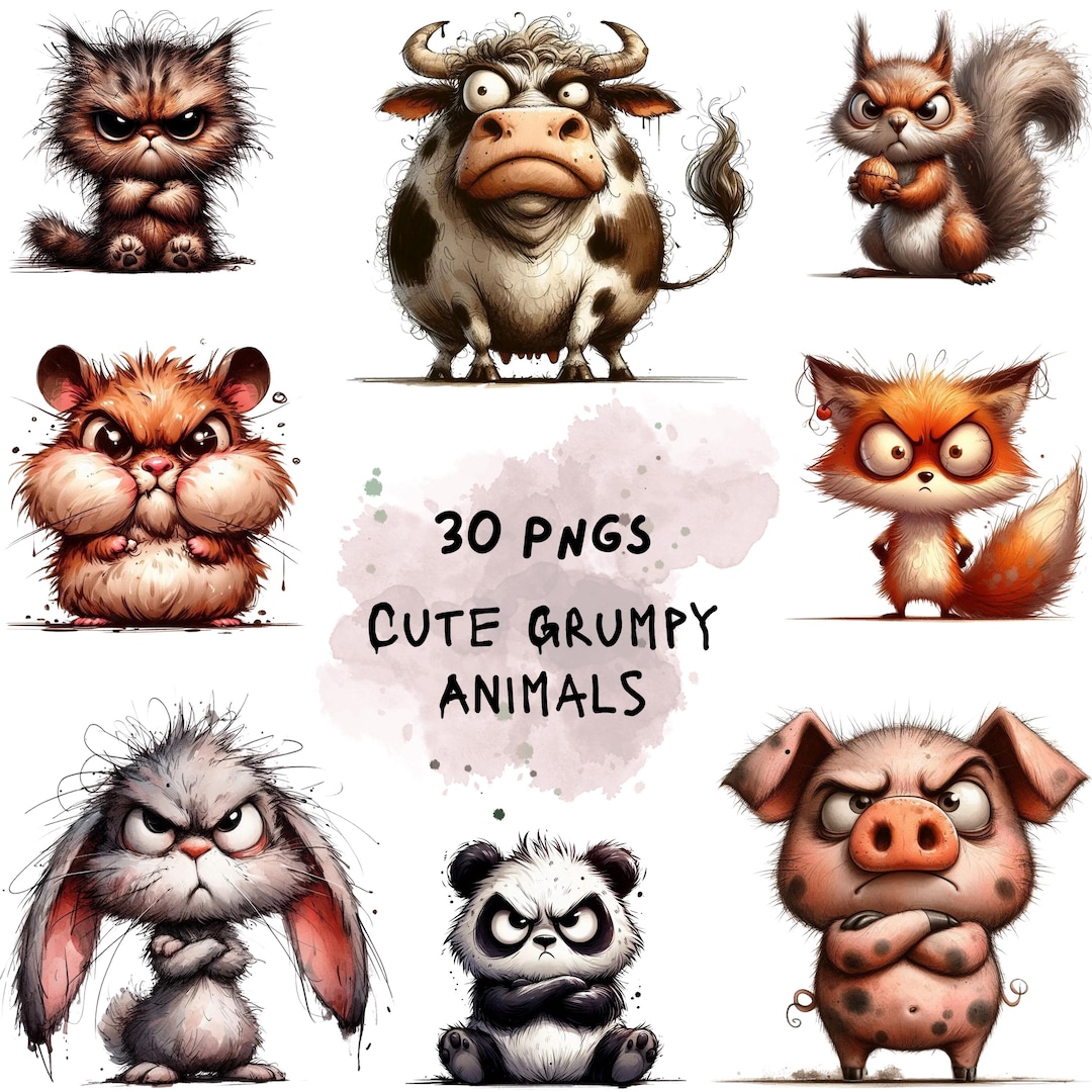 Grumpy Animals Clipart Bundle: Funny Watercolor PNG Illustrations ...