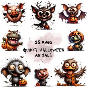 25 Quirky Halloween Animals Clipart Bundle – Cute Spooky Animal PNGs, Watercolor Halloween Creatures - Digital Download - Commercial Use