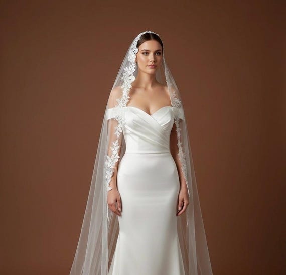 Elegant White Lace Veil with attached comb Cathedral Veil with Floral French Lace Trim, White/ Ivory  main image 4