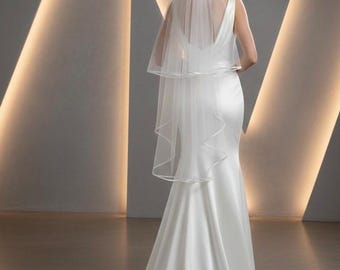 Two Tier Wedding Veil, Satin Ribbon Edge, Bridal Blusher