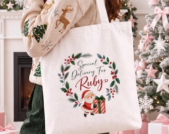 Personlig julkasse för flickor, festlig julklappskasse, anpassad julklappskasse, säsongsbetonad shoppingkasse, julklapp till henne