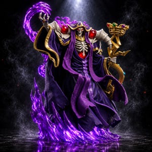May include: A skeletal figure wearing a long purple robe with gold trim, a red orb at the chest, and large red shoulder pauldrons. The figure holds a gold staff topped with a crown and colorful gems, surrounded by swirling purple energy.