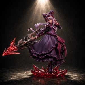 May include: A collectible figurine of a character with long light purple hair wearing a dark purple ruffled dress and a matching bonnet. The figure holds a large metallic spear with a translucent red crystal tip and stands on a red crystal base.
