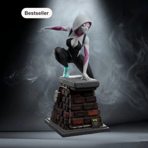 May include: A detailed figurine of a superheroine in a dynamic pose, wearing a black and white suit with pink accents. The figure is perched atop a brick structure, with the word "Bestseller" displayed. The base has a metallic design.