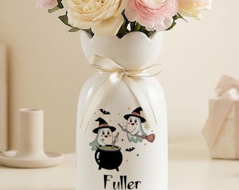 Personalized Halloween Ghost Vase, Witch Cauldron Custom Name Design, Cute Spooky Halloween Decor and Gift for Home