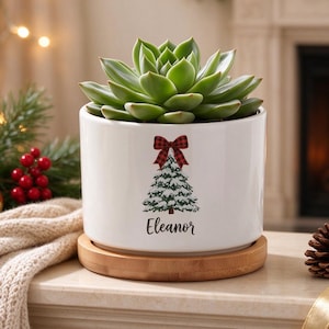 May include: A white ceramic cylindrical planter with a bamboo saucer base, containing a green succulent. The planter features a graphic of a snow-covered Christmas tree topped with a red plaid bow and the name Eleanor printed below.