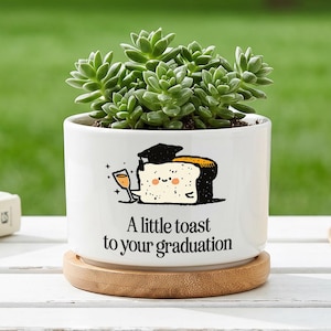 May include: A white ceramic planter containing a green succulent, featuring a graphic of a piece of toast wearing a graduation cap and holding a glass, with the text "A little toast to your graduation" printed below, resting on a round wooden base.