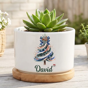 Custom Christmas Tree Pot, Holiday Ceramic Plant Pot, Personalized Name Blue Ribbon Succulent Pot