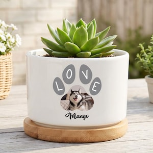 May include: A white ceramic cylindrical planter sitting on a round bamboo saucer. The planter features a gray paw print graphic containing the word LOVE, a photograph of a husky dog, and the name Mango written in black cursive script below it.