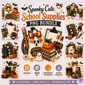 Halloween leraar clipart png-bundel, griezelige schoolbenodigdheden, luipaardspook (direct downloaden)