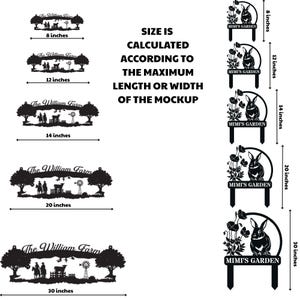 May include: Black metal signs with various designs, including a farm scene with the text "The William Farm" and a garden scene with a rabbit and the text "Mimi's Garden." Sizes range from 8 to 30 inches.