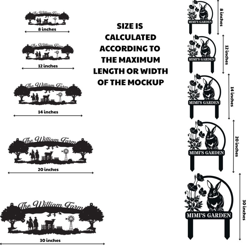 May include: Black metal signs with various designs, including a farm scene with the text "The William Farm" and a garden scene with a rabbit and the text "Mimi's Garden." Sizes range from 8 to 30 inches.