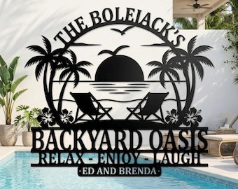 Könnte beinhalten: Ein schwarzes Metall-Wandschild mit einer tropischen Sonnenuntergangsszene, Palmen, zwei Liegestühlen und Hibiskusblüten. Der Text lautet THE BOLEJACK'S, BACKYARD OASIS, RELAX - ENJOY - LAUGH und ED AND BRENDA in einer fetten Schrift.