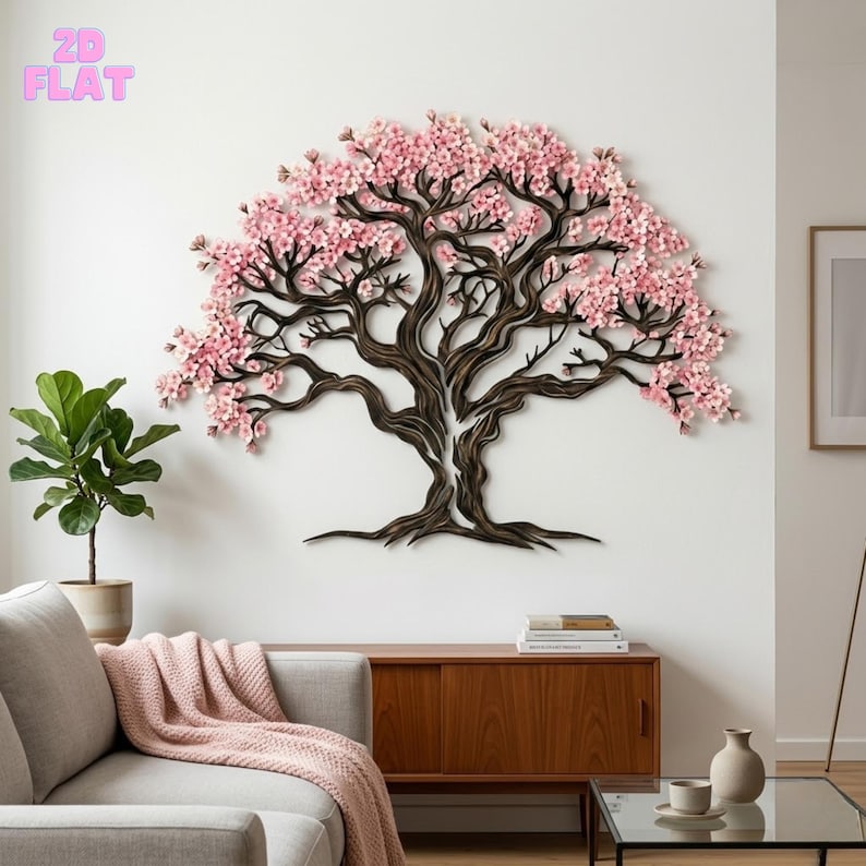 Puede incluir: Escultura de &aacute;rbol montada en la pared con un tronco y ramas de color marr&oacute;n oscuro, adornada con flores rosas. La escultura est&aacute; montada en una pared blanca. El texto "2D FLAT" es visible en la esquina superior izquierda.