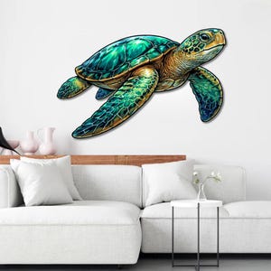 May include: A vibrant, digitally rendered sea turtle with a green and blue shell, yellow and brown head and flippers. The artwork is set against a white background, creating a striking contrast. The turtle appears to be swimming.