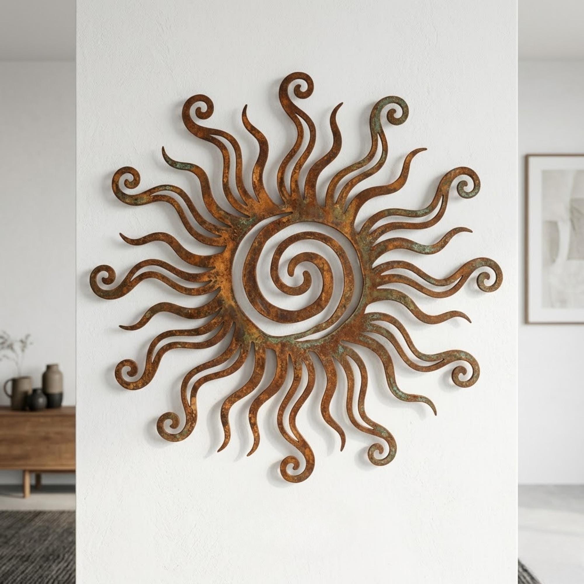 Rustic Sun Metal Wall Decor, Sunburst Sculpture With Spiral Center