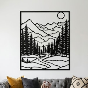 Mountain and River Metal Wall Art, Nature Landscape Metal Sign, Pine Tree Decor, Adventure Wall Art