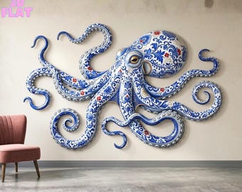 May include: A large, decorative octopus wall art piece. The octopus is white with blue floral patterns and red accents. The artwork is mounted on a beige wall. The text "2D FLAT" is in the upper left corner.
