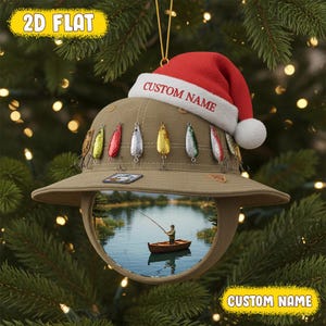 Adorno navideño de pesca personalizado, regalo para amantes de la pesca, recuerdo de pesca, regalo para pescadores, decoración de pesca, adorno plano 2D de pesca