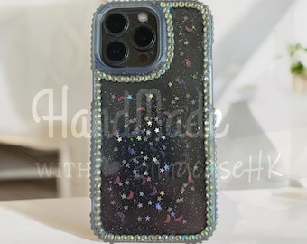 Handmade Iridescent Rhinestone | Glitter Star Moon | Resin Clear Cover | iPhone & Samsung Case
