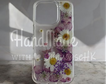 Purple Pressed Flower Cat | iPhone & Samsung Case, Glitter Resin, Handmade