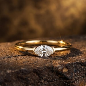 Bague solitaire taille marquise | Anneau en argent sterling couleur or, zircon cubique transparent